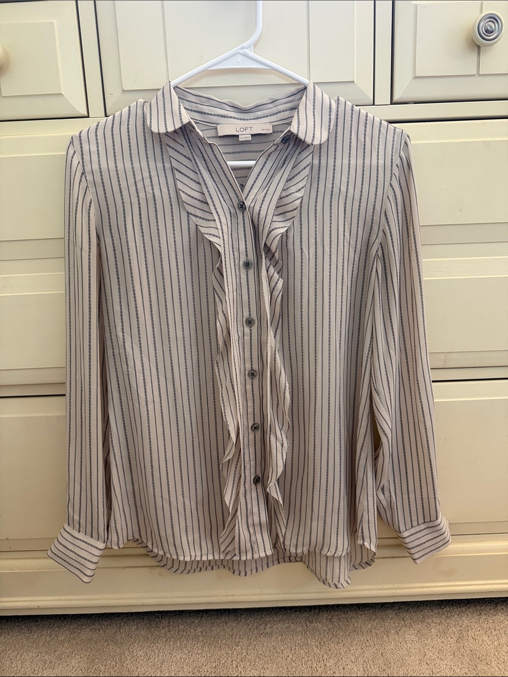 LOFT 🐚Cream and Black Striped Ruffle-Front Button Down Blouse